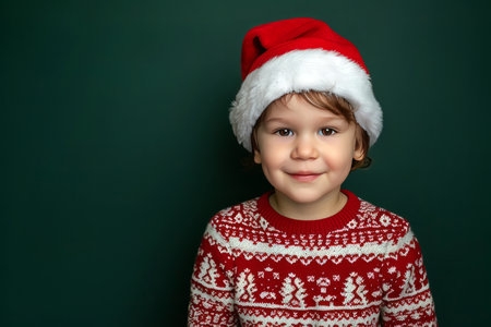 A joyful child boy wearing a Christmas red and white sweater and Santa hat on a plain dark green background with a place for text. AI generativeの素材