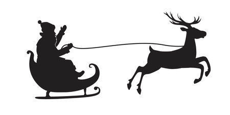 Black silhouette of Santa Claus flying in a sleigh on a reindeer sleigh. Vector illustration isolated on white backgroundのイラスト素材