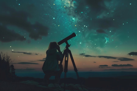A person adjusting a telescope under a starry sky, capturing the wonder of stargazing. AI generativeの素材