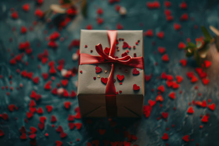 Gift Box with Red Ribbon and Heart Confetti on Table, Festive Valentine's Mood. AI generativeの素材