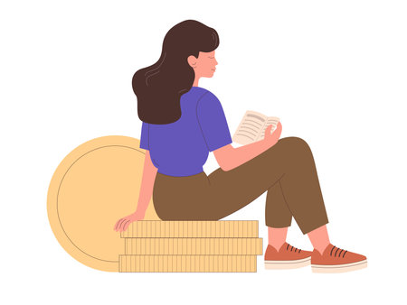 Young woman reads a book or textbook during sitting on a stack of coins. Flat vector illustrationのイラスト素材