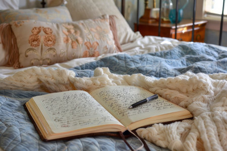 Open Journal with a Pen and Gratitude List on Cozy Bed. AI generativeの素材