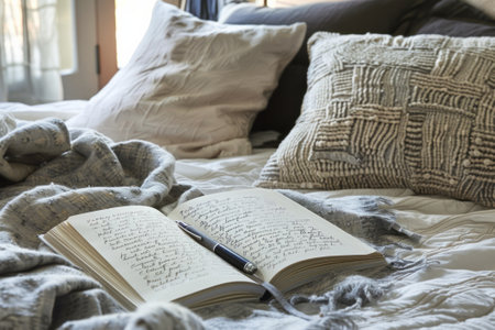 Open Journal with a Pen and Gratitude List on Cozy Bed. AI generativeの素材