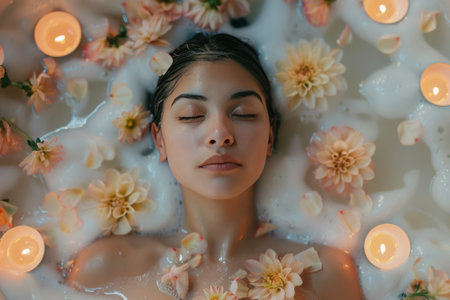 Woman Relaxing in a Bubble Bath with Candles and Flowers. AI generativeの素材