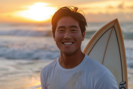 Carefree Surfer: A smiling East Asian man holding a surfboard, standing on a sandy beach at sunset with waves in the background. AI generativeの素材