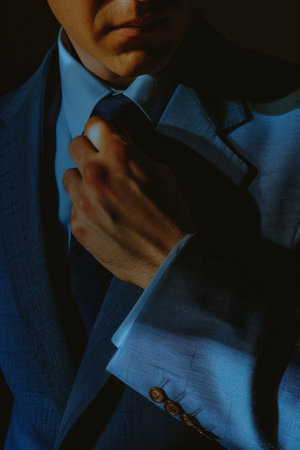 Close-up of a male businessman's hand adjusting his tie, blue business suit. AI generativeの素材