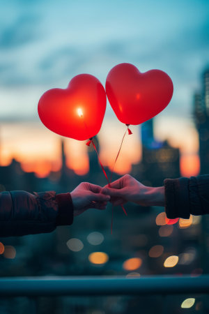 Couples Hands Holding Red Heart-Shaped Balloons Outdoors. AI generativeの素材