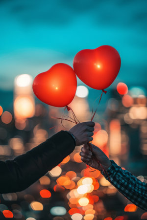 Couples Hands Holding Red Heart-Shaped Balloons Outdoors. AI generativeの素材