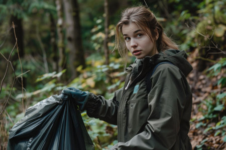 Eco-Warrior: a young woman, wearing hiking gear and gloves, holding a trash bag while cleaning up a forest trail. AI generativeの素材