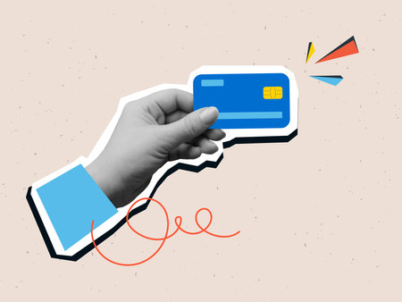 Hand holds a plastic credit card. Shopping, payment. Trendy collage style. Vector illustrationのイラスト素材