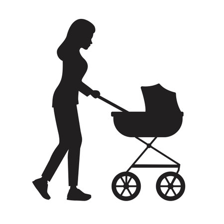 Black silhouette of woman walking with a baby stroller. Vector illustration isolated on white backgroundのイラスト素材