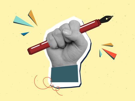 Cartoon fountain pen held in raised hand - creativity concept. Modern photo collage style. Vector illustrationのイラスト素材