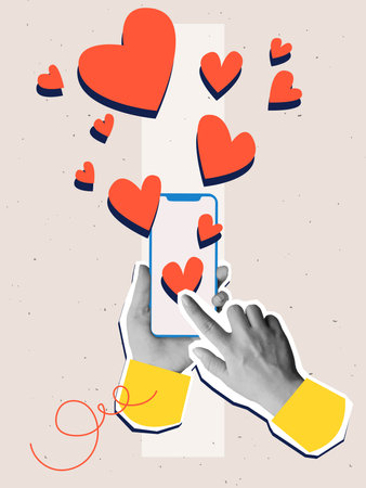 Black and white hands holding a phone with a scattered hearts. Modern photo collage style. Vector illustrationのイラスト素材