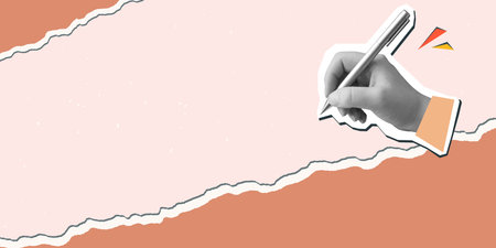 A hand holding a pen writes on a torn paper background with place for text. Modern photo collage style.のイラスト素材