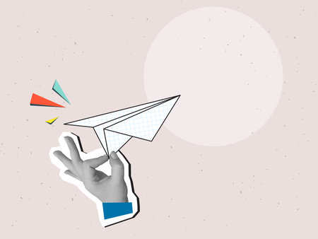 A hand holds checkered paper plane. Modern photo collage style.のイラスト素材