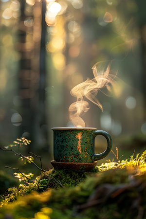 A ceramic mug with a hot drink and steam emanating from it stands on moss against the backdrop of the forest at dawn. AI generativeの素材