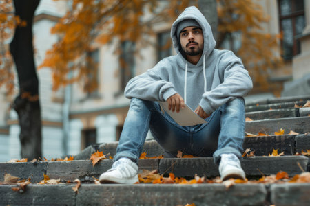 Pensive College Student: A thoughtful man, in a hoodie and jeans, sitting on library steps with a notebook in hand and autumn leaves around. AI generativeの素材
