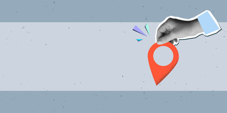 Black and white hand holds a red location pin. Destination sign in an arm with a place for text. Modern collage style. Vector illustrationのイラスト素材