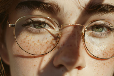 Close-Up View of a Young Woman Face with Corrective Glasses. AI generativeの素材