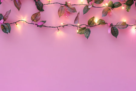 Glowing Fairy Lights garland and Leafy Decor String Border Flat lay on plain pink background. AI generativeの素材