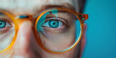 Close-Up View of a Young Man Face with Corrective Glasses. AI generativeの素材