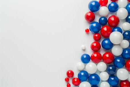 Red, blue and white balloons on a plain white background with a place for text. AI generativeの素材