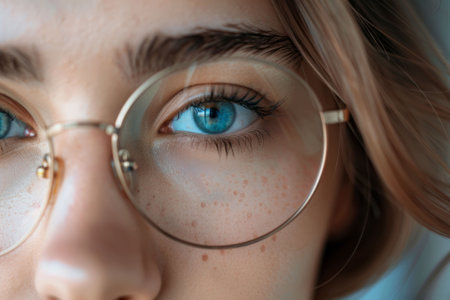 Close-Up View of a Young Woman Face with Corrective Glasses. AI generativeの素材