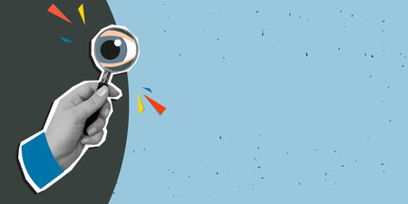 A hand holds a magnifying glass with big eye in it, place for text. Modern photo collage style. Vector illustrationのイラスト素材
