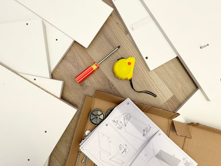 Furniture assembly - instructions, screwdriver, construction tape, fasteners and furniture parts,...
