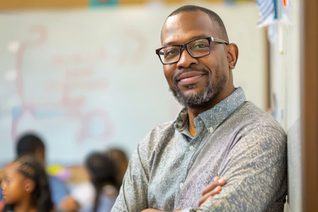 Male Teacher standing by a whiteboard in a lively classroom. AI generativeの素材