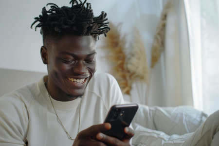 Smiling black man using a phone at home. AI generativeの素材