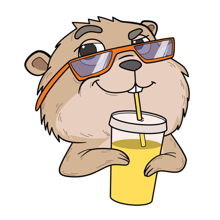Hamster drinks juice from a plastic glass with a straw. Cartoon vector illustration isolated on white backgroundのイラスト素材