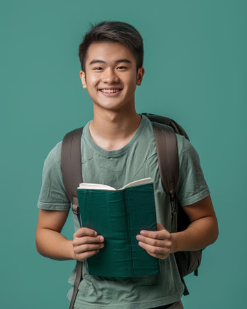 A young Asian guy student smiles while standing with a book with a blank cover in his hands. AI generativeの素材