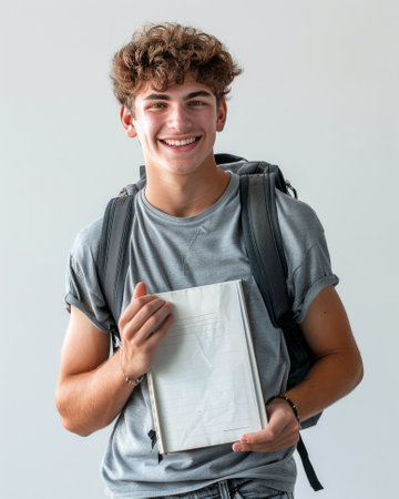 A young caucacian brunette guy student smiles while standing with a book with a blank cover in his hands. AI generativeの素材
