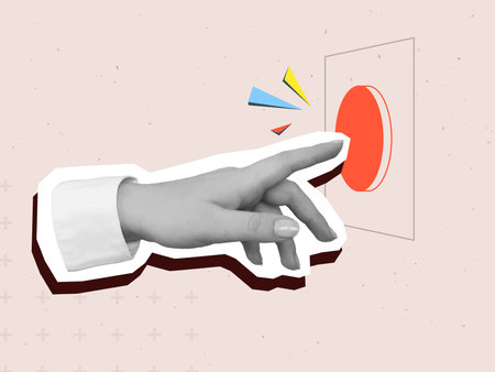 Black and white hand presses the red button. Modern photo collage style. Vector illustration