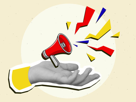 Black and white hand holds a cartoon megaphone. Modern collage style. Vector illustrationのイラスト素材