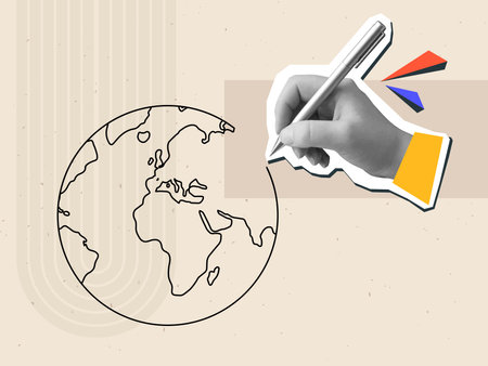 Hand draws a world globe map. Modern photo collage style. Vector illustrationのイラスト素材
