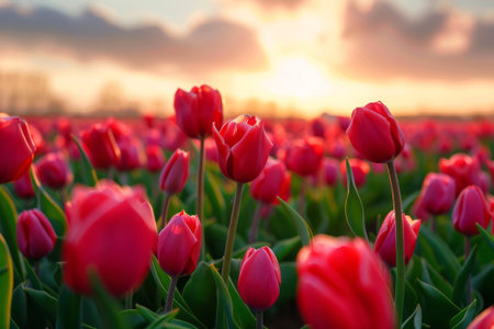 Beautiful tulips in a field, landscape with romantic sky. AI generativeの素材