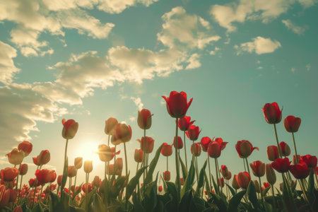 Beautiful tulips in a field, landscape with romantic sky. AI generativeの素材