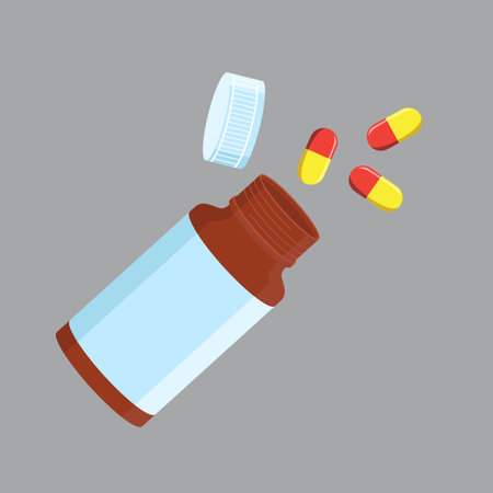 Jar of pills with opened lid and color capsules. Flat vector illustration isolated on gray backgroundのイラスト素材