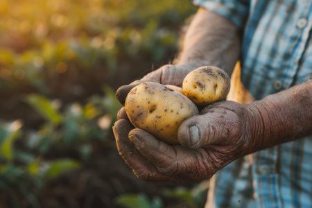 Close-up potato in elderly farmer's hands in potato field. AI generativeの素材