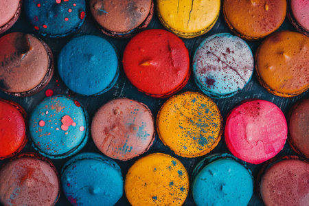 Variety of delicious color macaroons, top view. AI generativeの素材