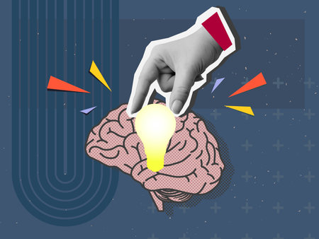 A hand puts a light bulb in a human's brain. Modern photo collage style. Vector illustration