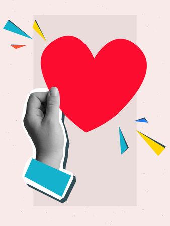 Hand holding big red heart symbol. Modern collage style. Vector illustrationのイラスト素材