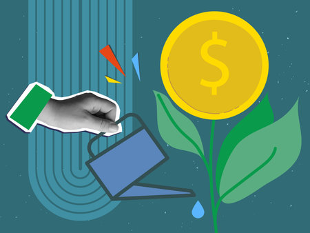A hand waters a growing dollar tree from a watering can. Modern collage style. Vector illustrationのイラスト素材