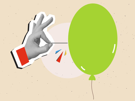 Black and white hand with a needle reaches for a balloon to puncture it. Modern photo collage style. Vector illustrationのイラスト素材