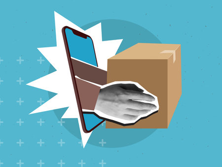 Black and white hands extend cardboard box from phone screen. Modern collage style. Vector illustrationのイラスト素材