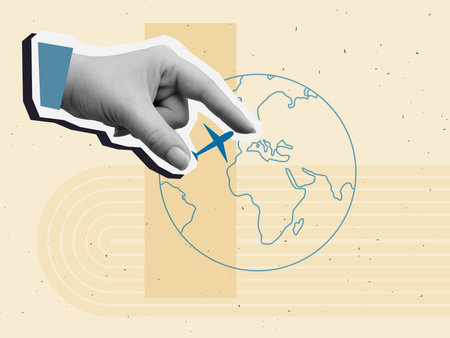 Black and white hand holds a sign of plane on Earth background. Modern photo collage style. Vector illustrationのイラスト素材