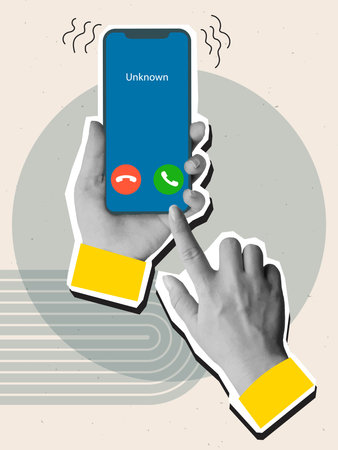 Black and white hands holding a ringing phone. Modern photo collage style. Vector illustrationのイラスト素材