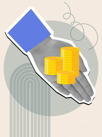 Black and white hand holding a stacks of gold coins. Modern photo collage style. Vector illustrationのイラスト素材